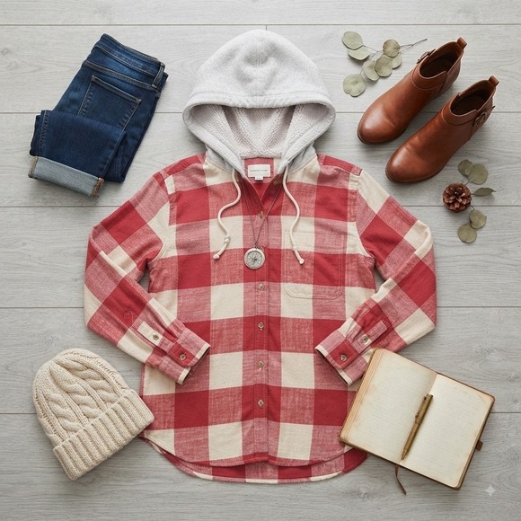 American Eagle Tops - American Eagle Red Buffalo Plaid Hooded Flannel Shirt Sherpa Lined Hood Small